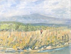1950's French Signed Oil Painting Figure Walking Wild Flower Meadows