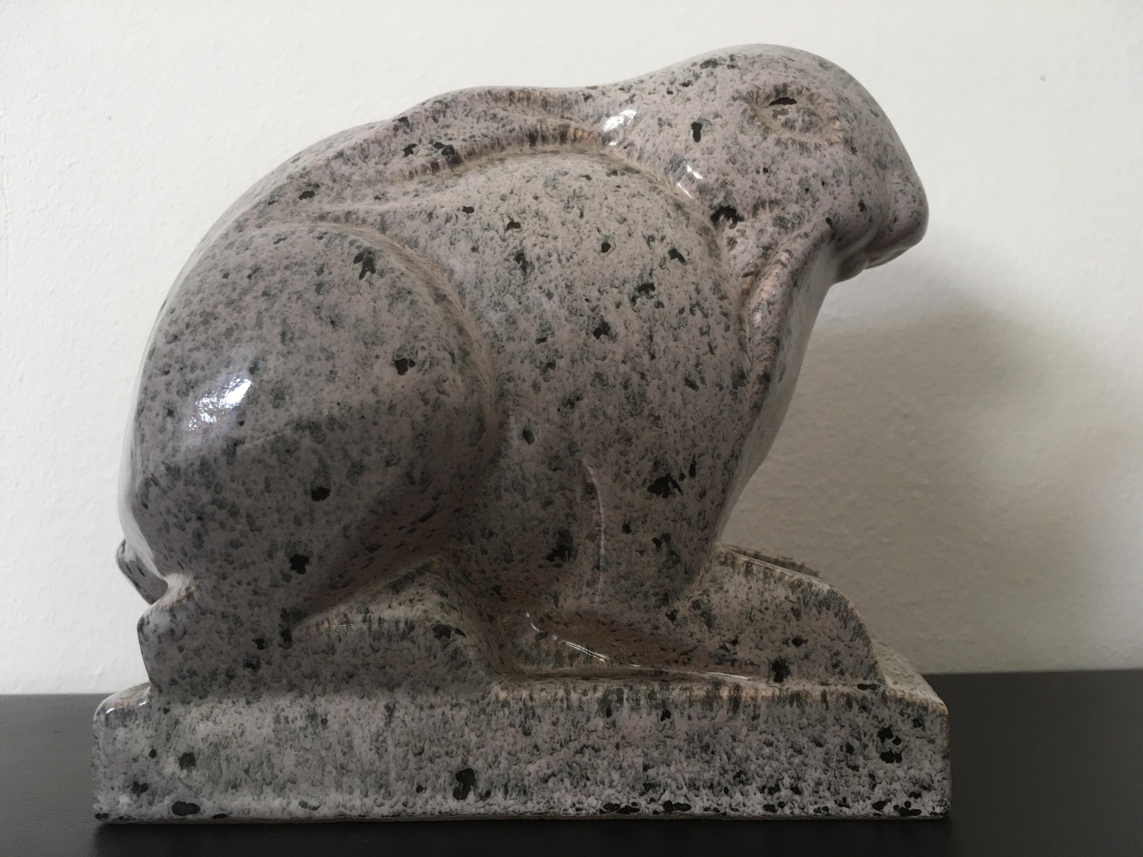 Grey ceramic rabbit designed by Jean et Joel Martel in France in 1923 and edited by Manufacture de Boulogne circa 1930s.
Underside signed: JJ martel, made in France, marque de la manufacture de Boulogne
The Martel brothers (1896-1966) are great