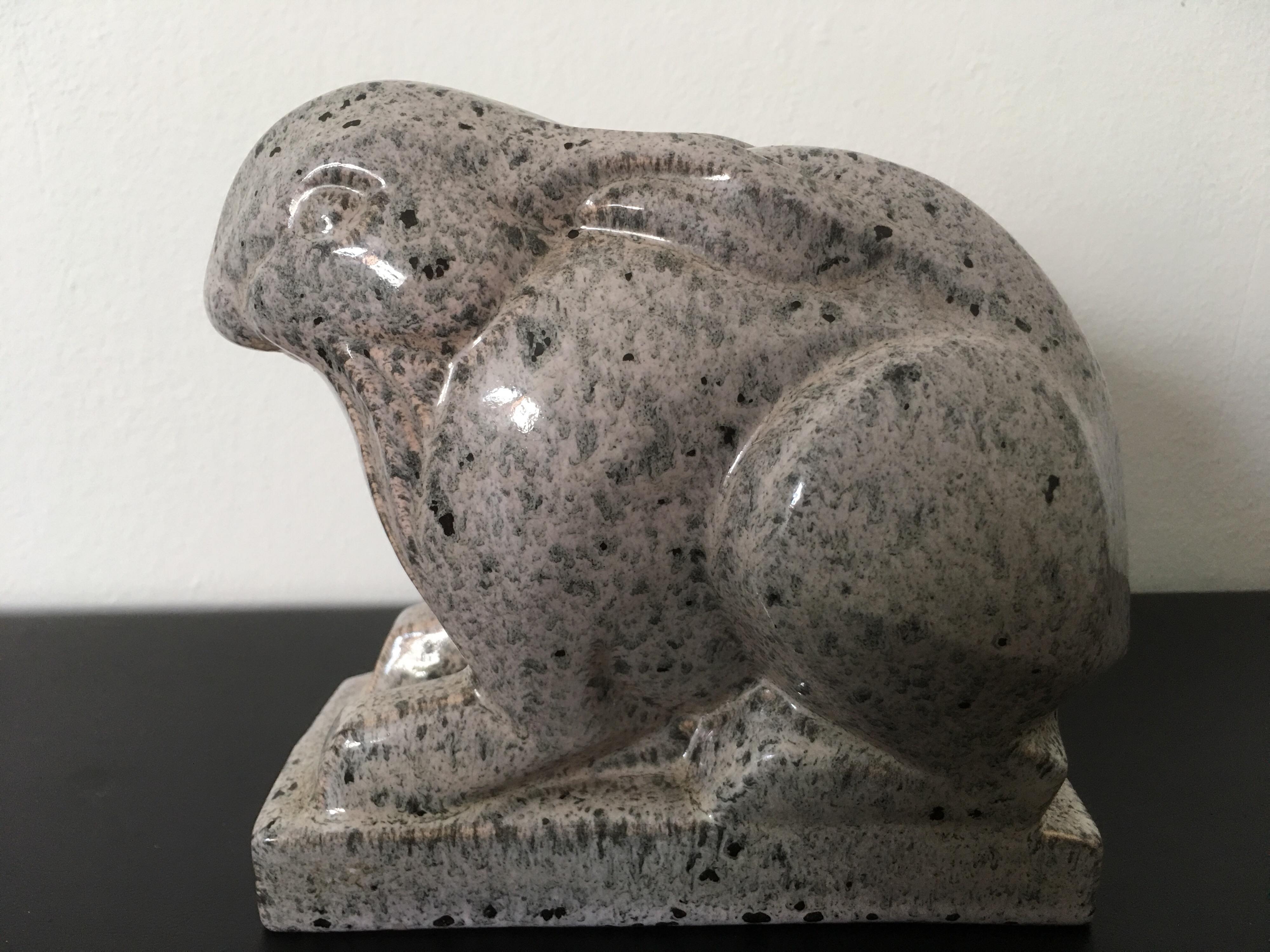 Art Deco Jean et Joel Martel Signed Grey Ceramic Rabbit, Cubist Sculpture, French, 1930s