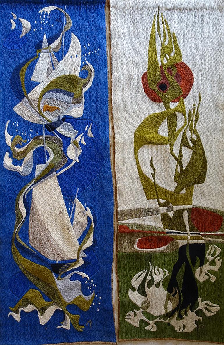 Fine XX secolo Jean Et Marinette Perrin 'XX°' Neptune Et Les Voiles, Paire De Tapisseries, 1970 in vendita