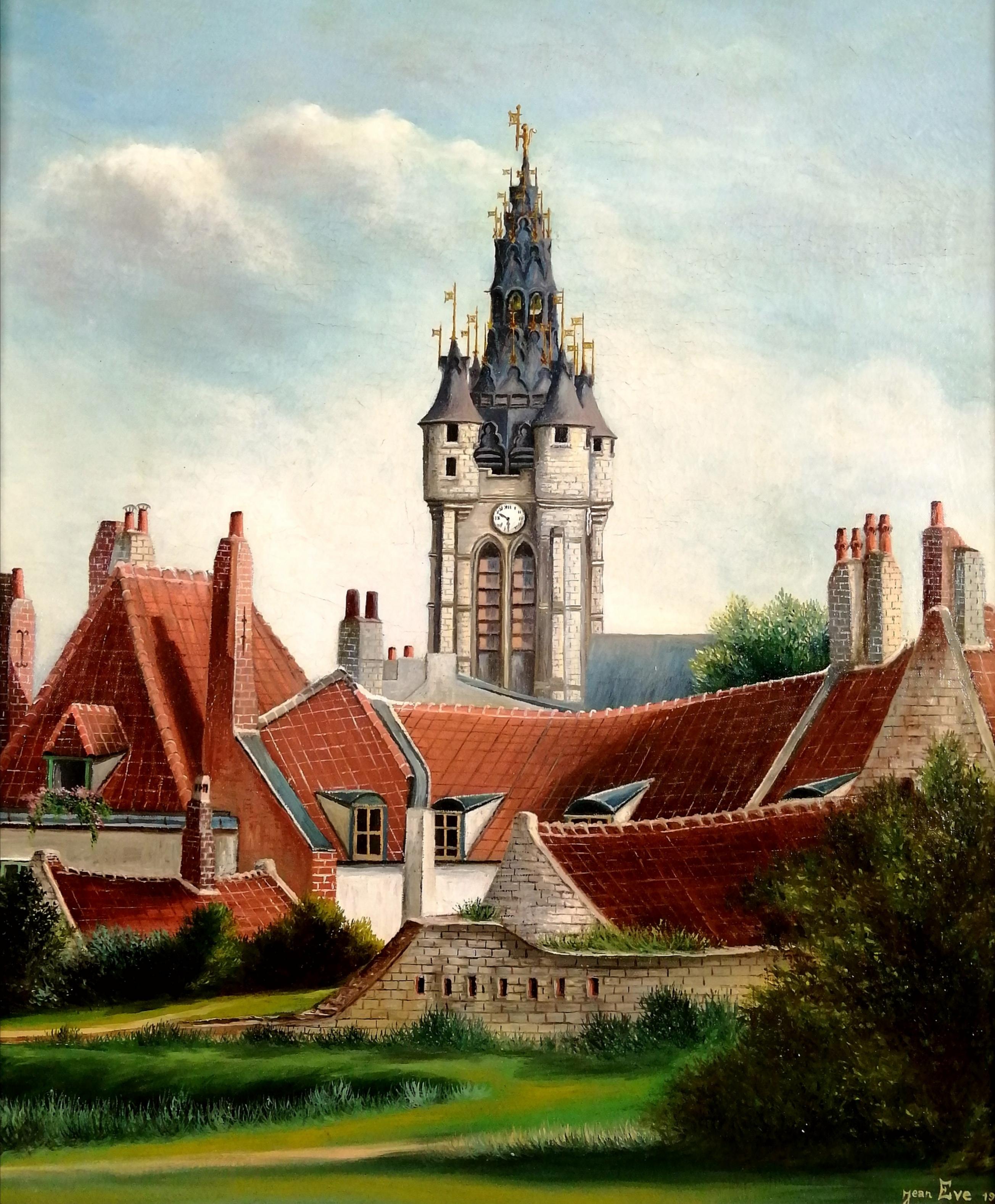 Beffroi de Douai - Pittura ad olio di paesaggio francese dell'inizio del 20° secolo, Antique French - Painting di Jean Eve