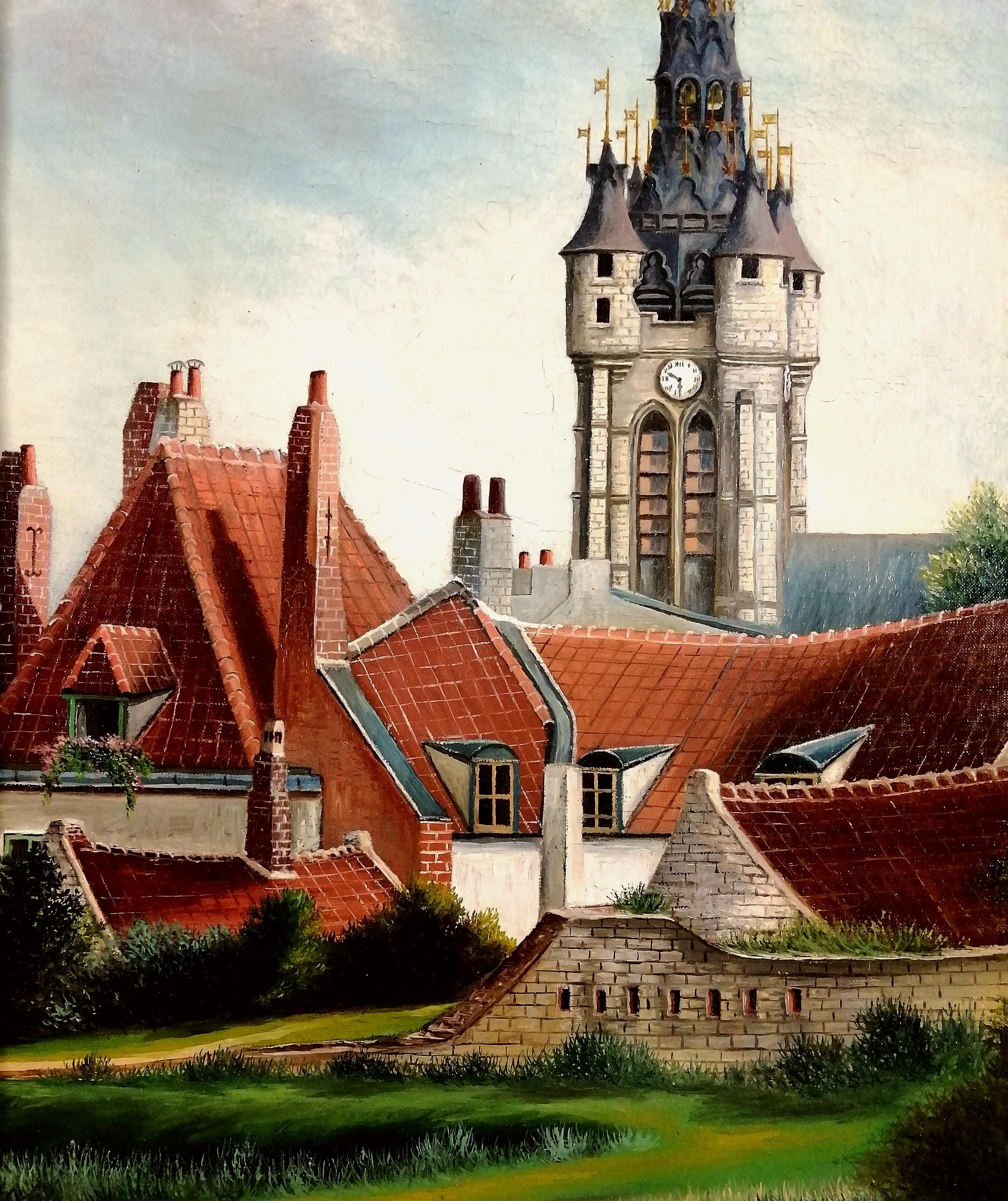 Un bellissimo olio su tela naïf francese firmato e datato 1931 che raffigura Beffroi de Douai, opera di Jean Eve.

Jean Eve fu una delle 