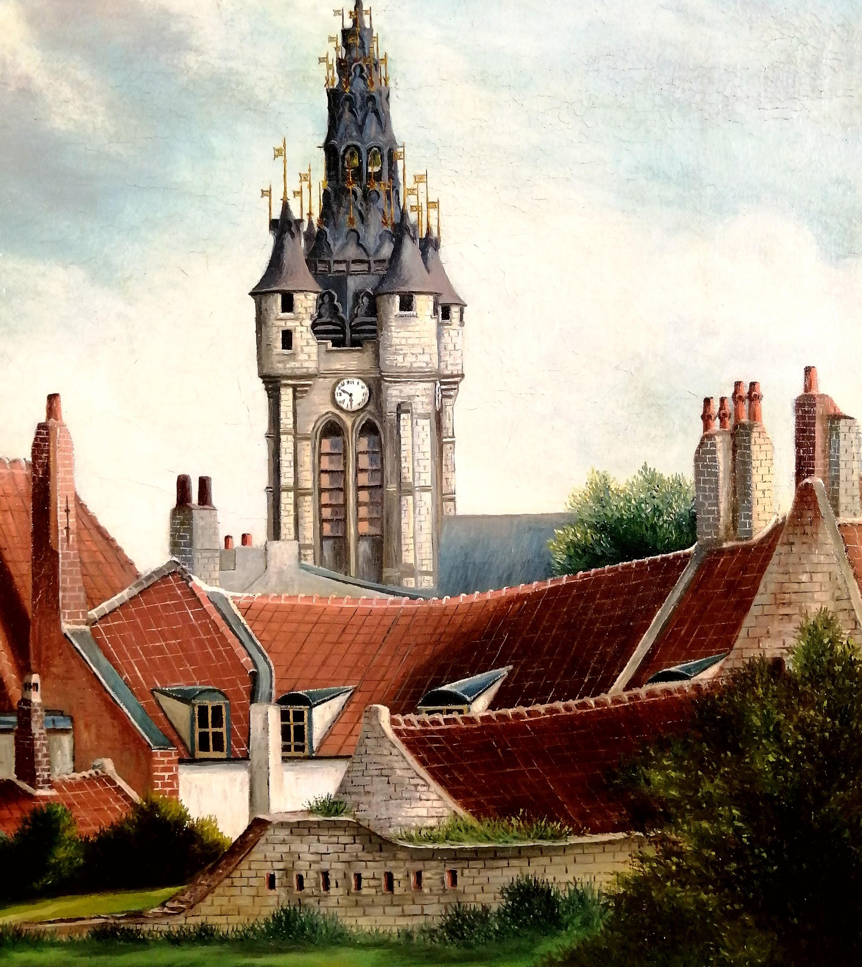 Beffroi de Douai - Pittura ad olio di paesaggio francese dell'inizio del 20° secolo, Antique French 2