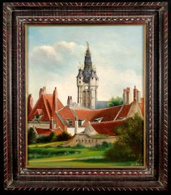 Beffroi de Douai - Early 20th Century French Naïf Antique Landscape Oil Painting