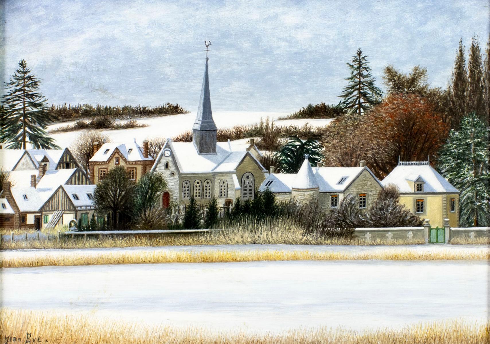 Village sous la Neige - Mid 20th Century French Naïf Guerny Landscape Painting For Sale 1