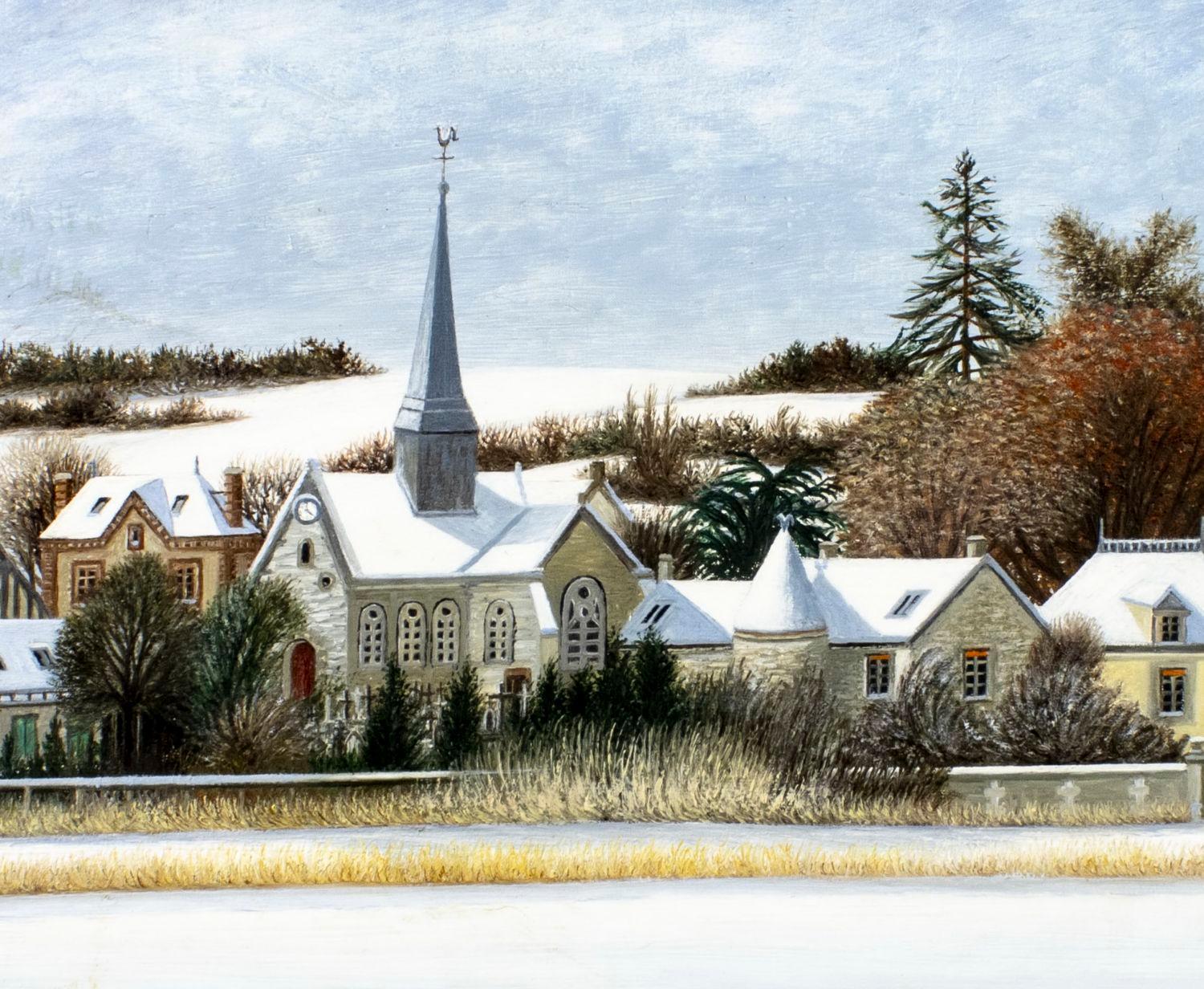Village sous la Neige - Mid 20th Century French Naïf Guerny Landscape Painting For Sale 2