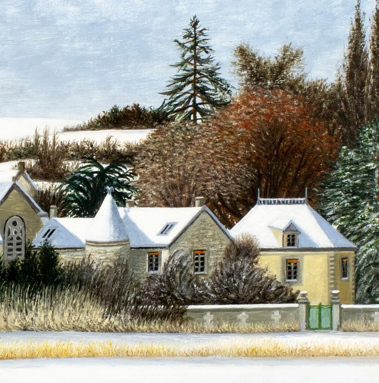 Village sous la Neige - Mid 20th Century French Naïf Guerny Landscape Painting For Sale 4