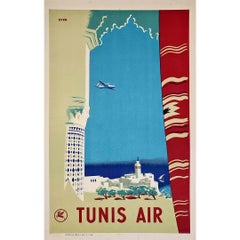 Affiche de voyage originale de Jean Even pour Tunis Air, 1951 