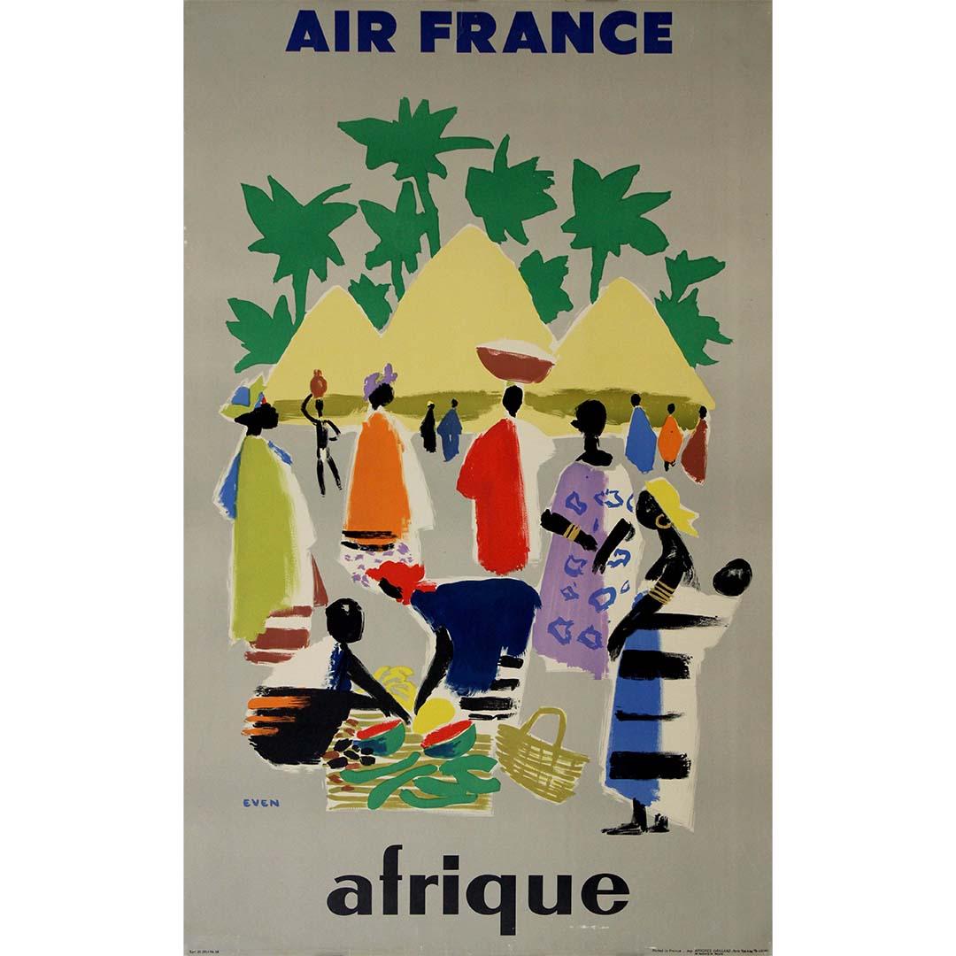 Das Original-Reiseplakat von Jean Even für Air France aus dem Jahr 1958 lädt den Betrachter auf eine visuelle Reise in die bezaubernden Landschaften Afrikas ein. Mit seinen leuchtenden Farben und der dynamischen Komposition fängt das Plakat die