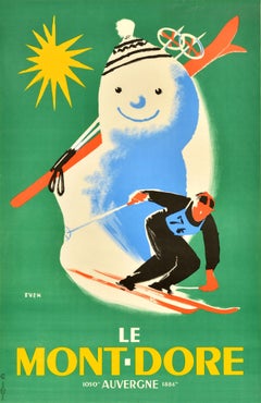 Original Vintage Ski Travel Poster Mont Dore Auvergne Snowman France Skiing Art