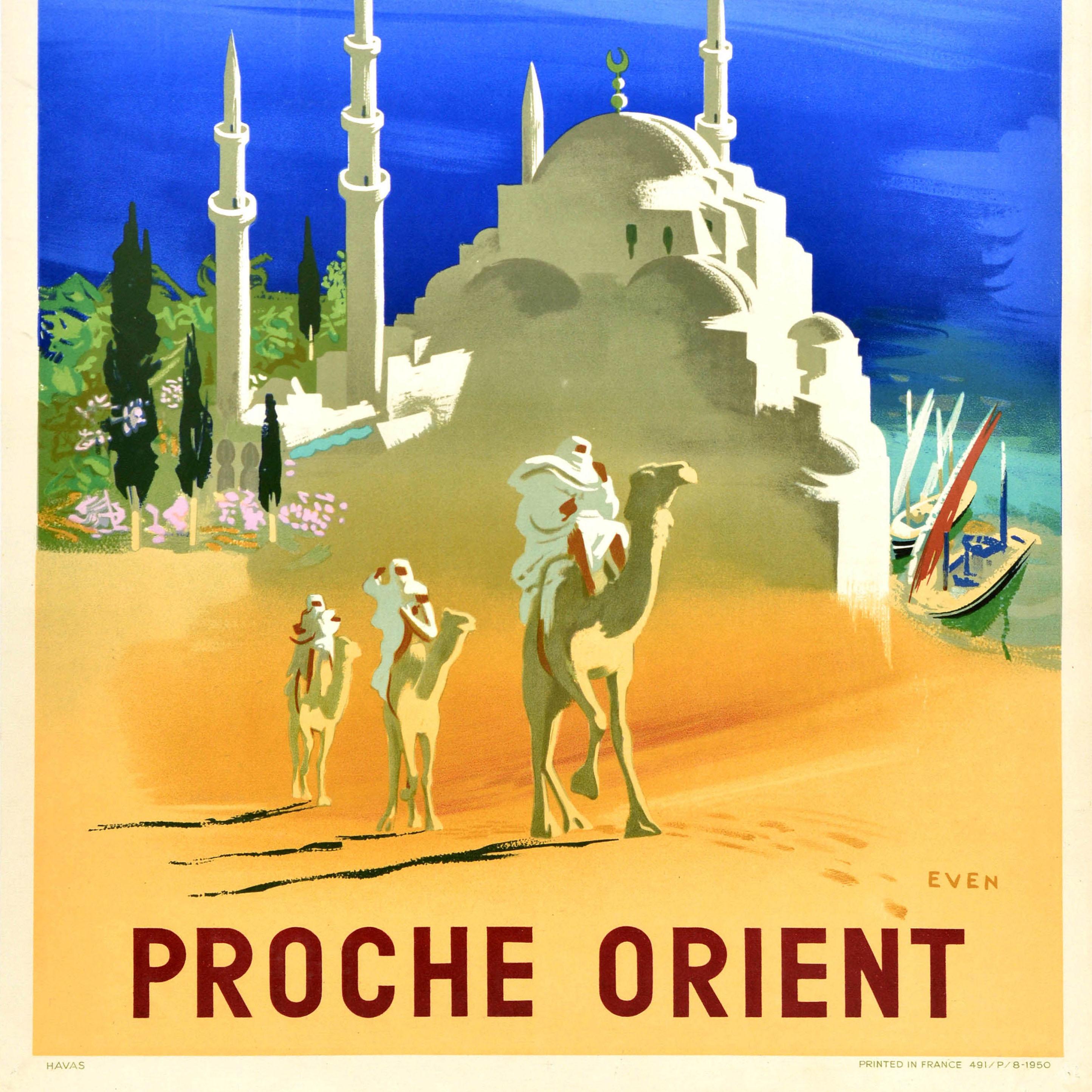 Original Vintage Travel Poster Air France Proche Orient Middle East Airline Art - Gray Print by Jean Even