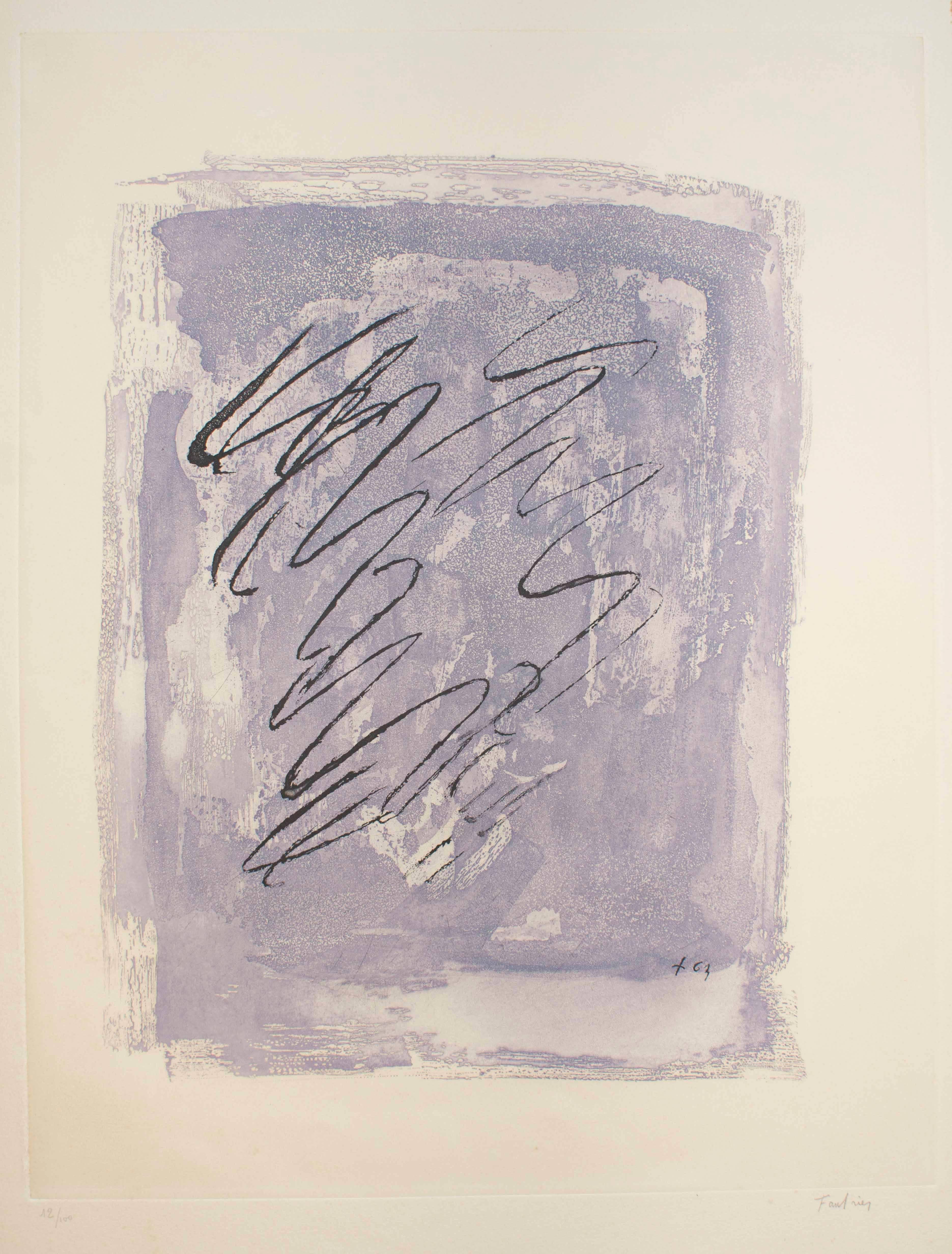 Griffure sur fond violet - Gravure de Jean Fautrier - 1963