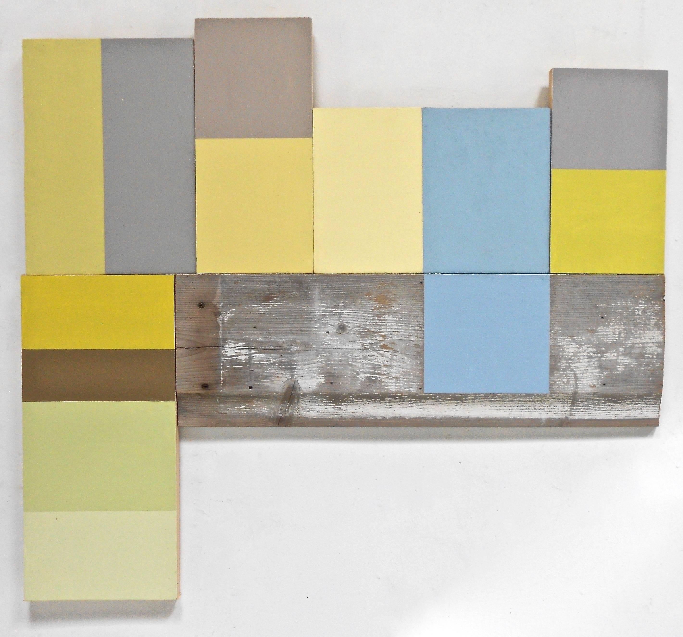 Abstract Painting Jean Feinberg - « Add-Ons », peinture à l'huile géométrique abstraite sur bois, bleu, vert et jaune, technique mixte