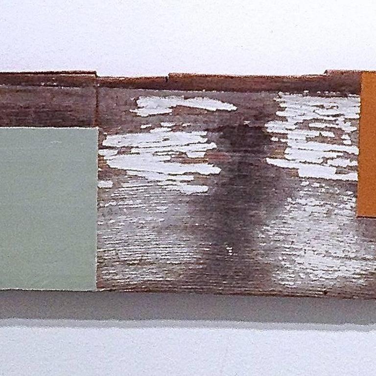 Abstraktes geometrisches Ölgemälde auf Holz in Rot und Blau, Mischtechnik, „Little Rust“  im Angebot 2