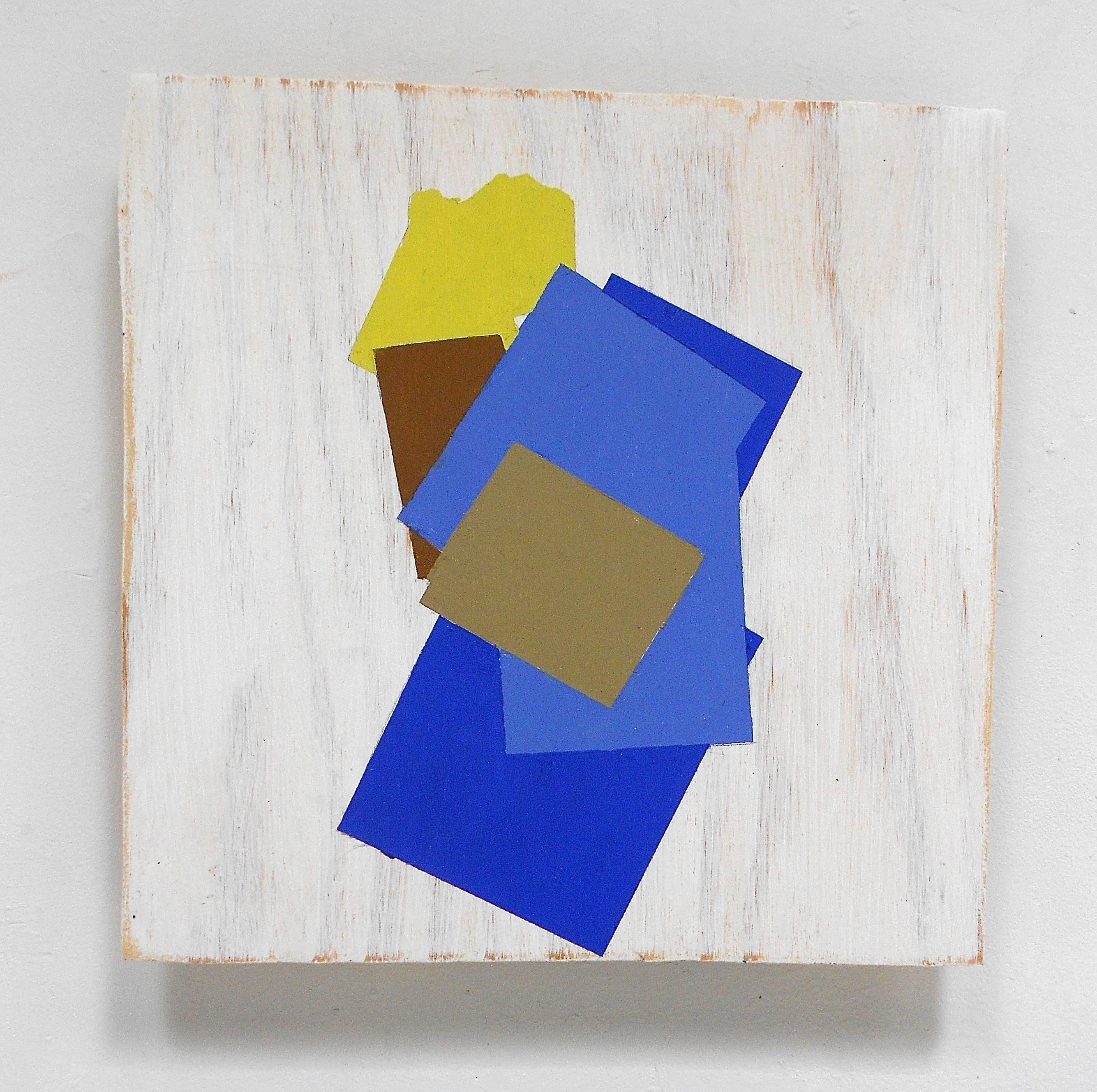 Abstract Painting di Jean Feinberg - "Peeking Yellow" Astratto Geometrico Moderno Blu Luminoso Olio su Wood Media Mista