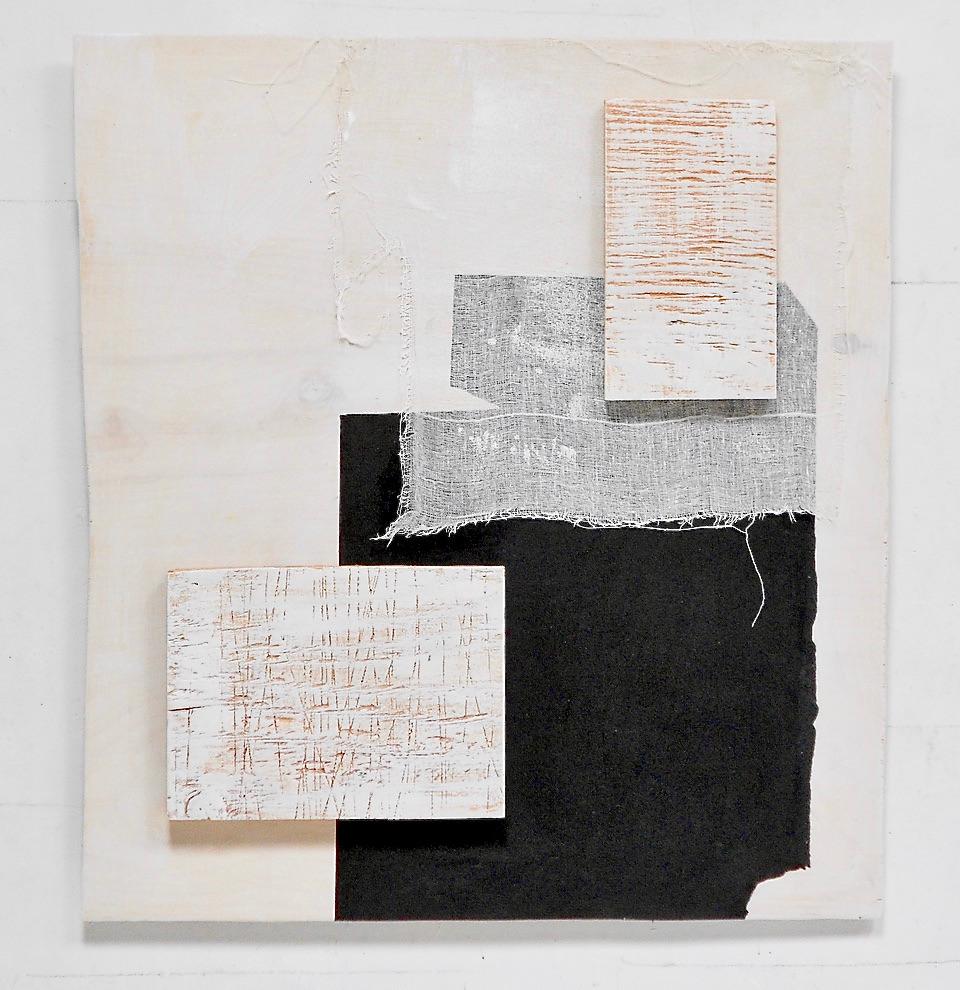 'Ragged'  Abstract Geometric Wall Piece Wood/Paint/Textile in Black, White, Grays  - Mixed Media Art by Jean Feinberg