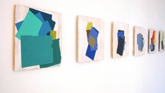 "Stack-Up" Astratto Goemetrico Moderno Olio su Legno Media Mista Blu Brillante Acqua