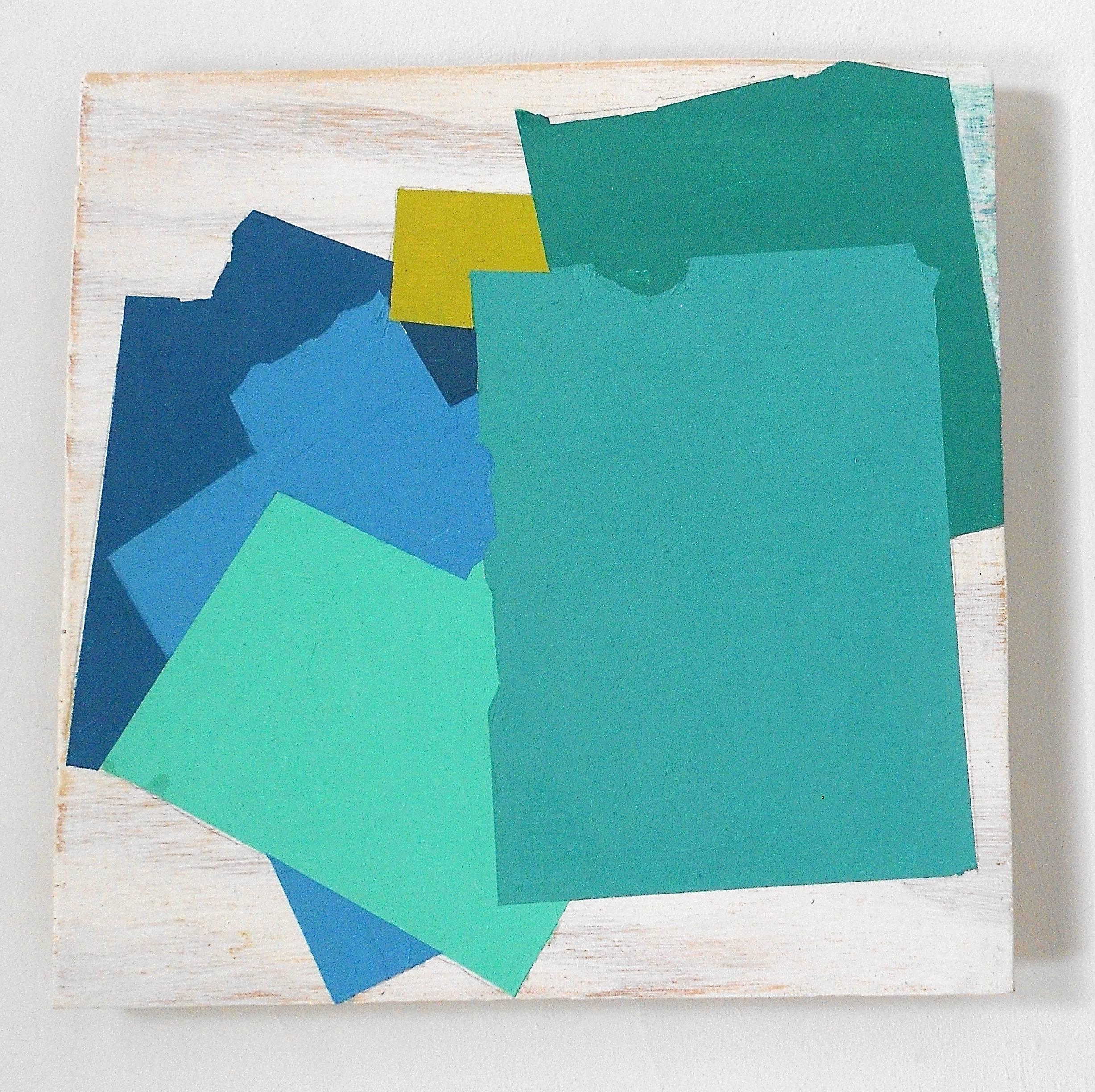 "Stack-Up" Abstract Goemetric Modern Oil on Wood Mixed Media Bright Blue Aqua - Mixed Media Art by Jean Feinberg