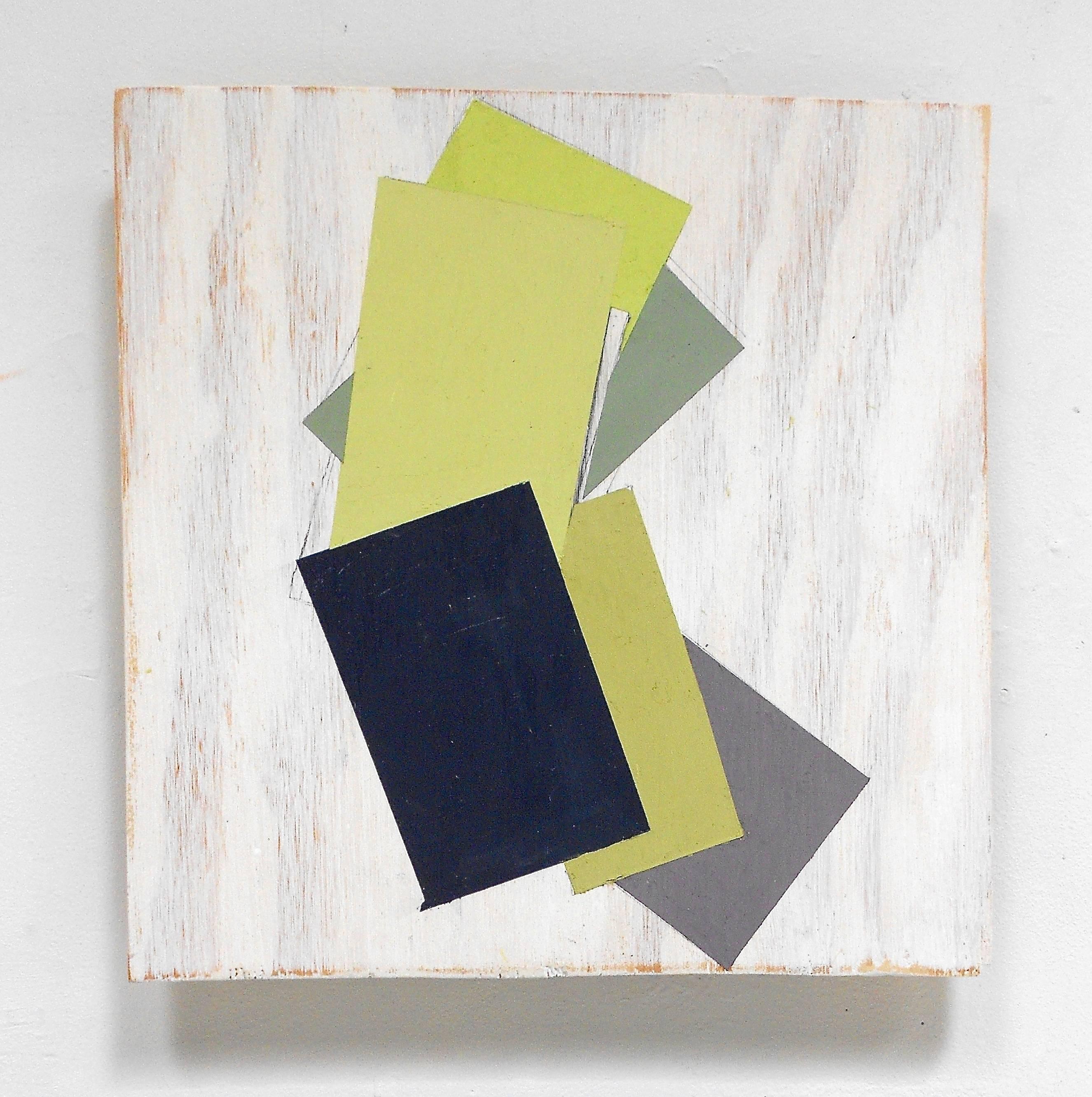 "Tilt" Abstract Geometric Oil on Wood Mixed Media Green White Modern