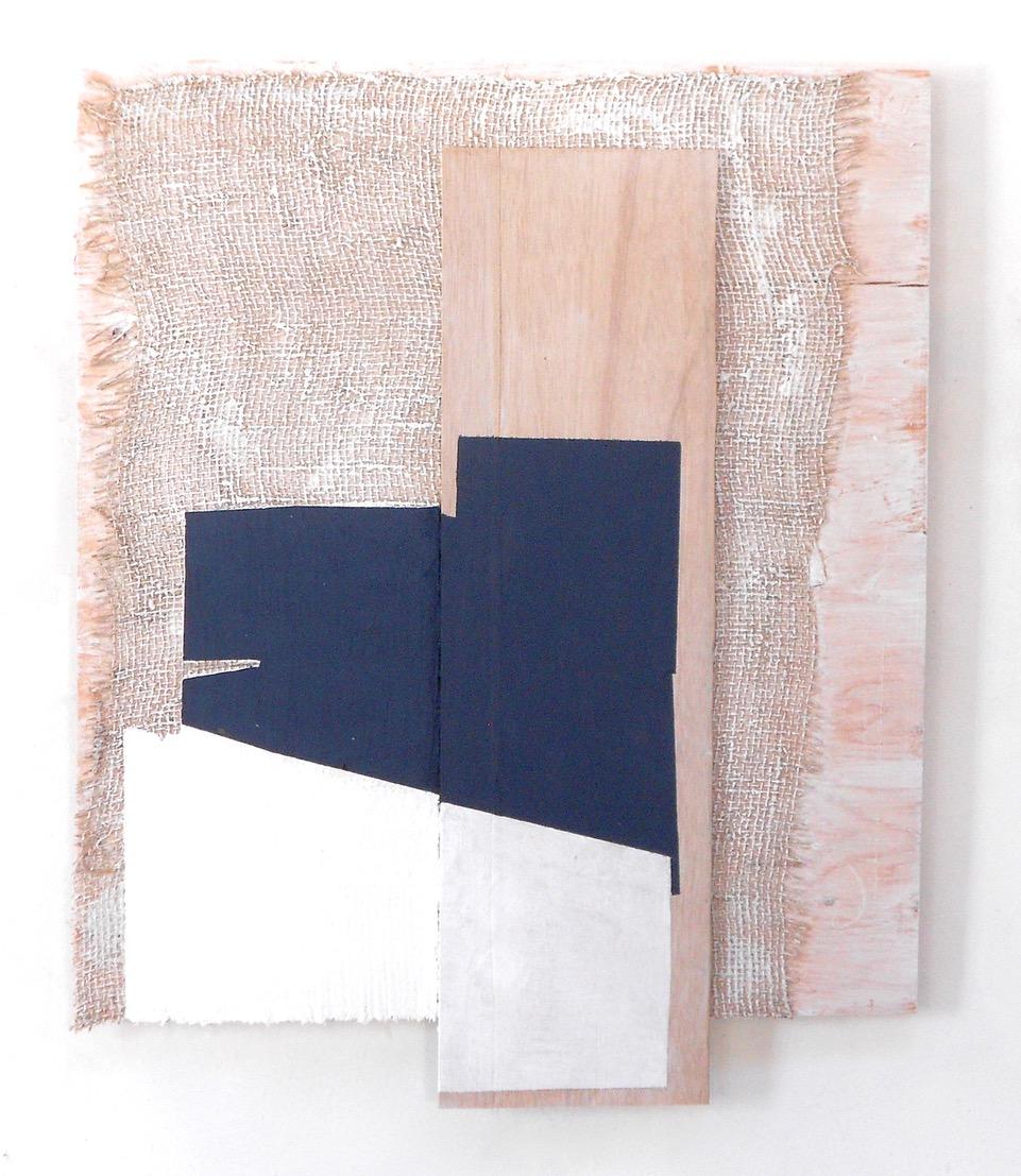 Jean Feinberg Abstract Painting - 'Unraveled'  Abstract Geometric Wall Piece Wood /Paint/Textile Black/White/Grays
