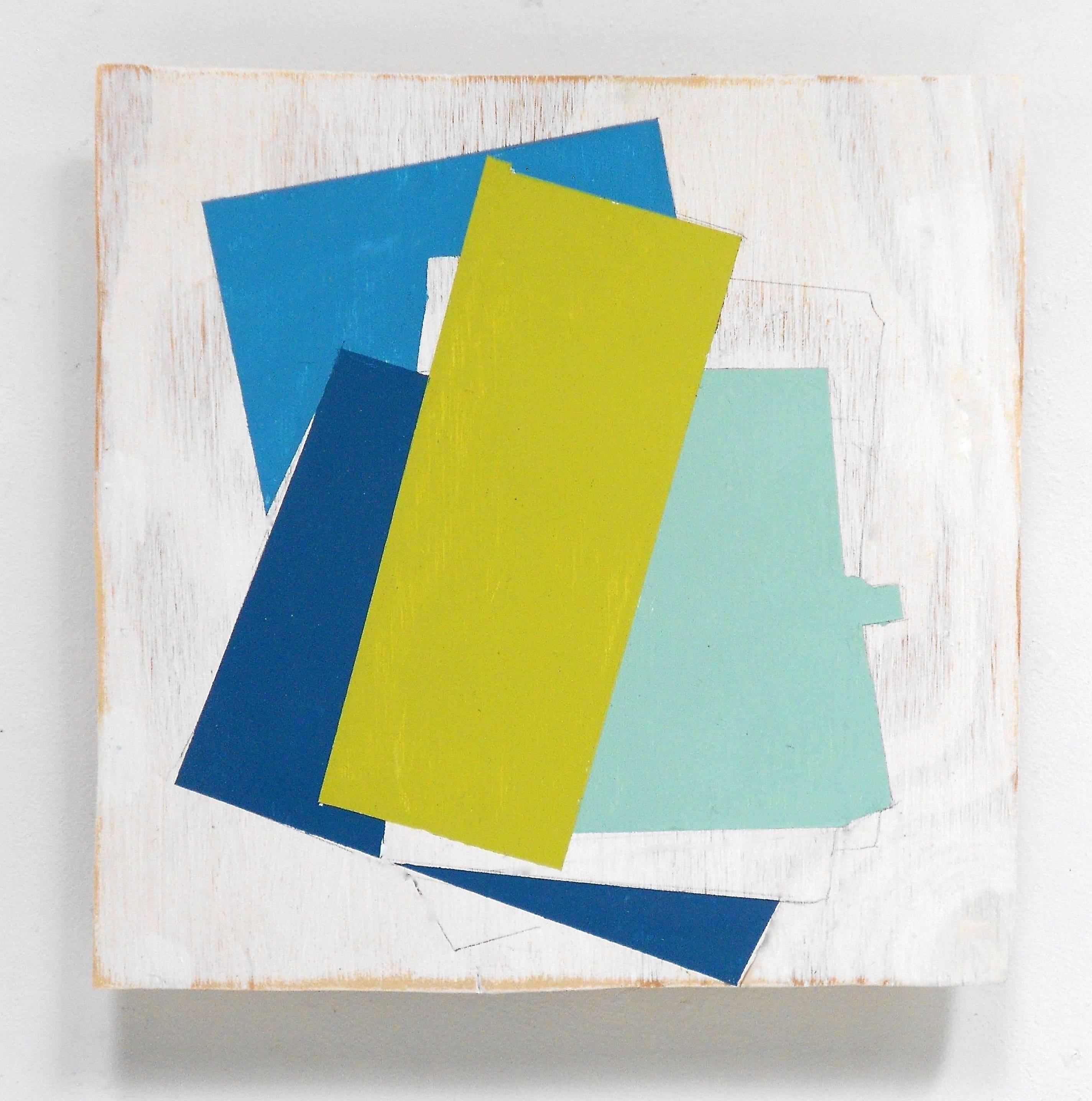 Jean Feinberg Abstract Painting - "Analogy's Nob" Geometric Abstract Blue Green Mixed Media Oil on Wood