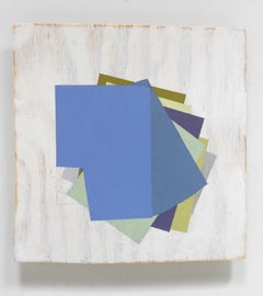 « Fan », huile sur bois technique mixte géométrique abstraite bleue, noire et colorée