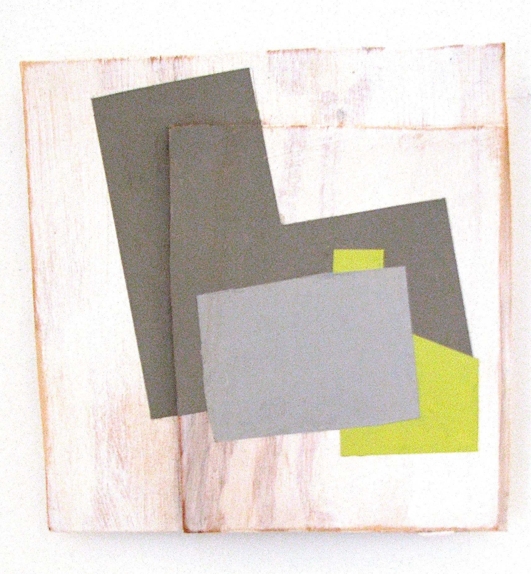 "Gentle" Abstract Oil Paint on Wood Modern Geometric Yellow Gray Mixed Media - Mixed Media Art by Jean Feinberg