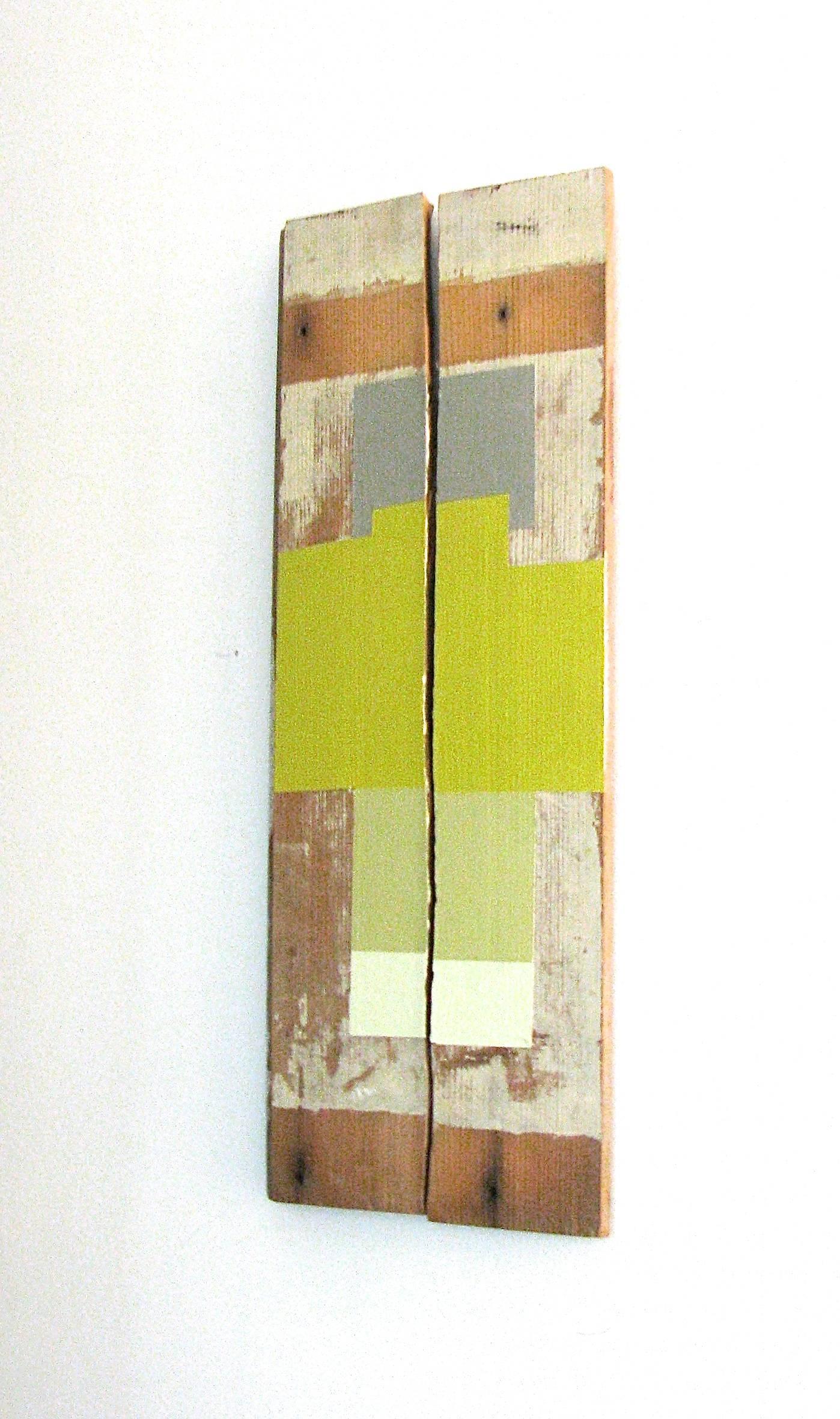 « Overcast » - Peinture à l'huile abstraite géométrique technique mixte - Bois - Gris - Moderne en vente 9