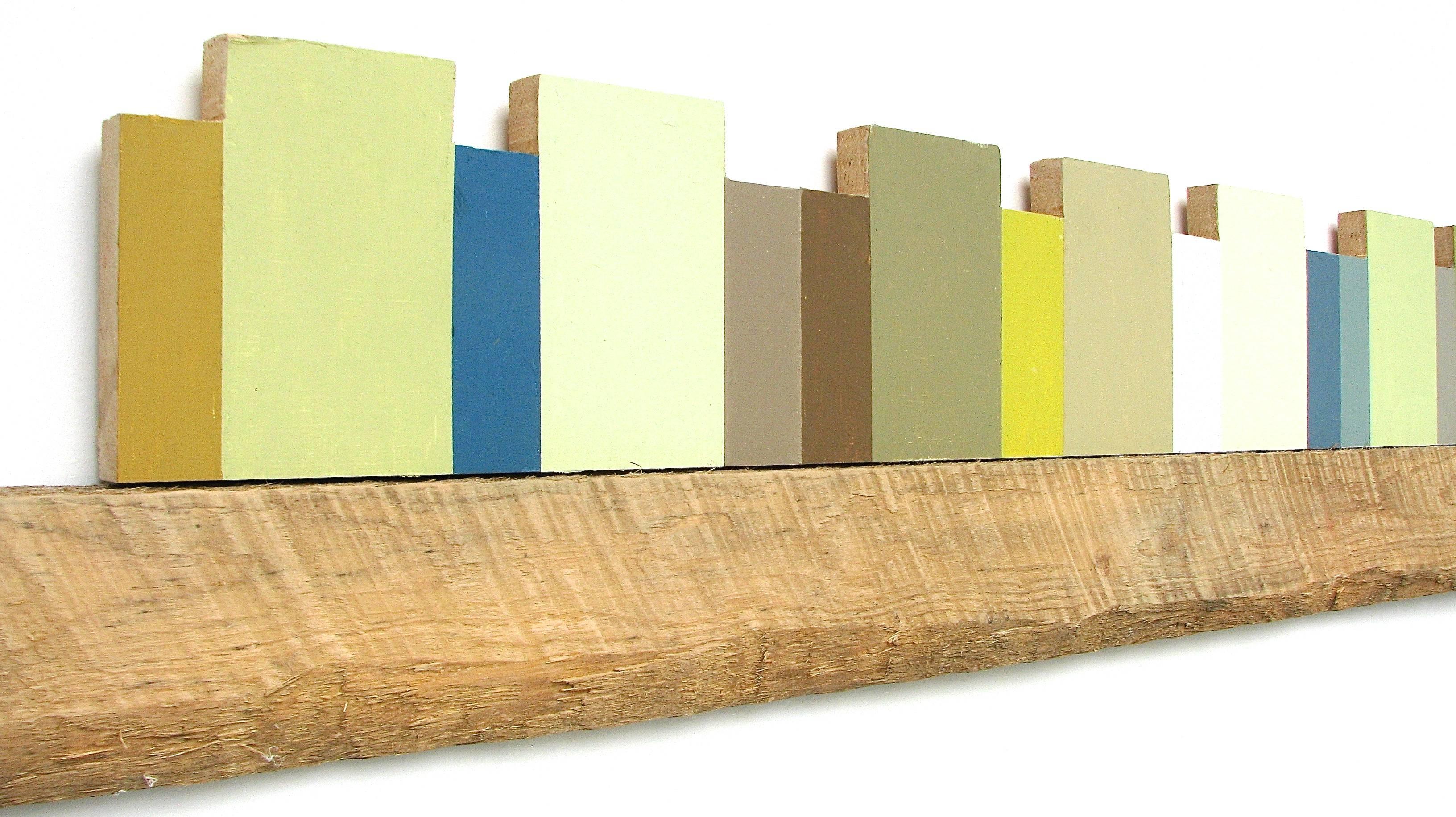 „Reflecting Pool“ Abstrakter geometrischer Moden Mixed Media Grün Blau Ölfarbe Holz im Angebot 6