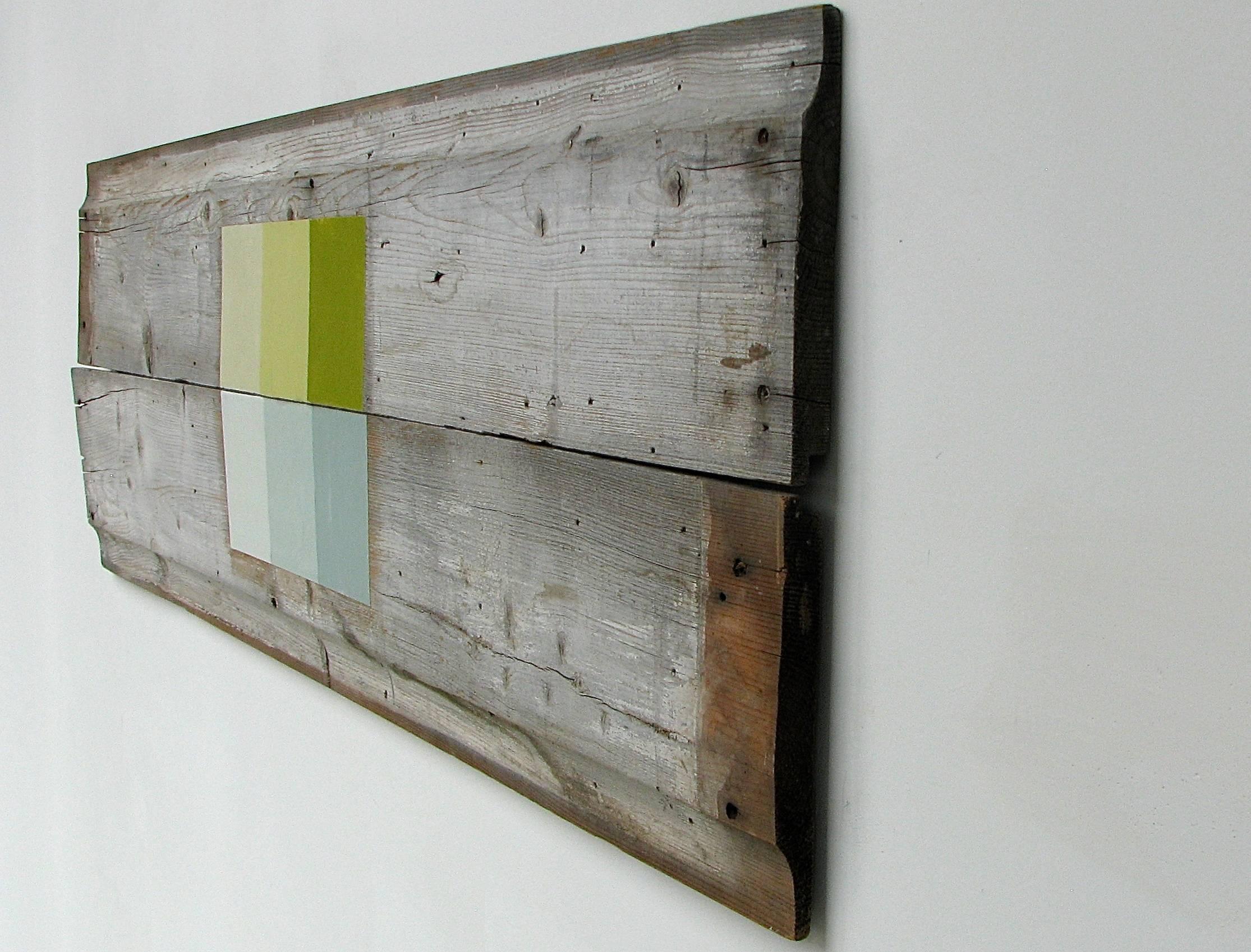 „Reflecting Pool“ Abstrakter geometrischer Moden Mixed Media Grün Blau Ölfarbe Holz (Geometrische Abstraktion), Painting, von Jean Feinberg