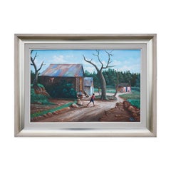 Modern Green & Brown Rural Village Landscape Painting with Playing Children