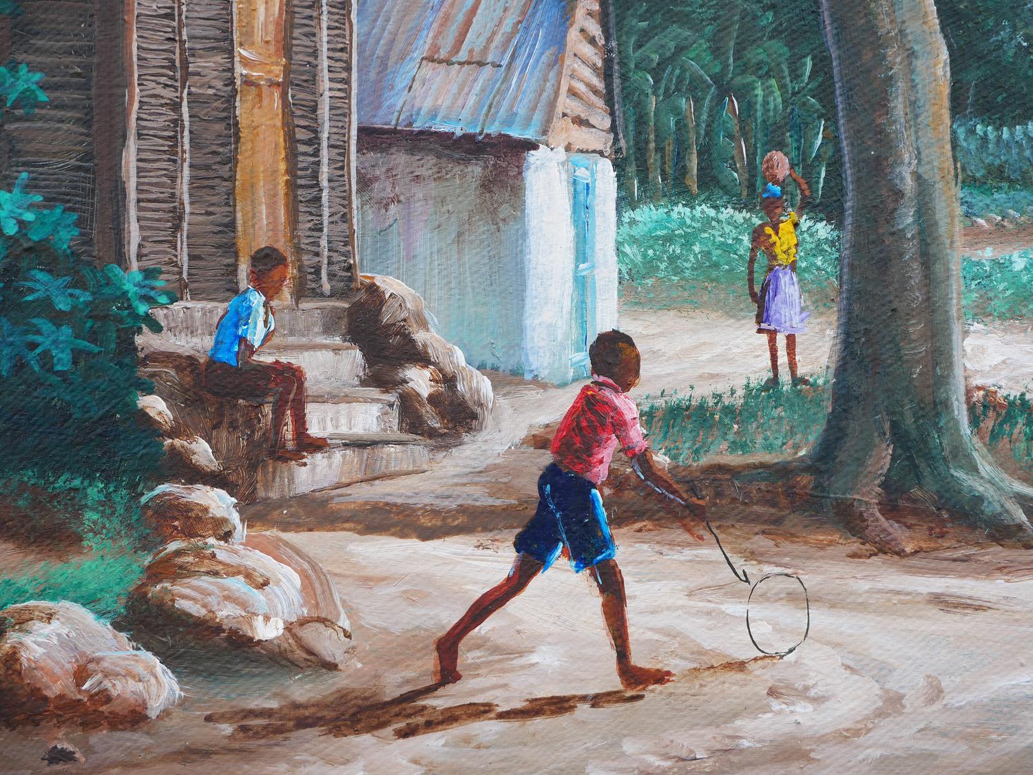 Modern Green & Brown Rural Village Landscape Painting with Playing Children For Sale 4