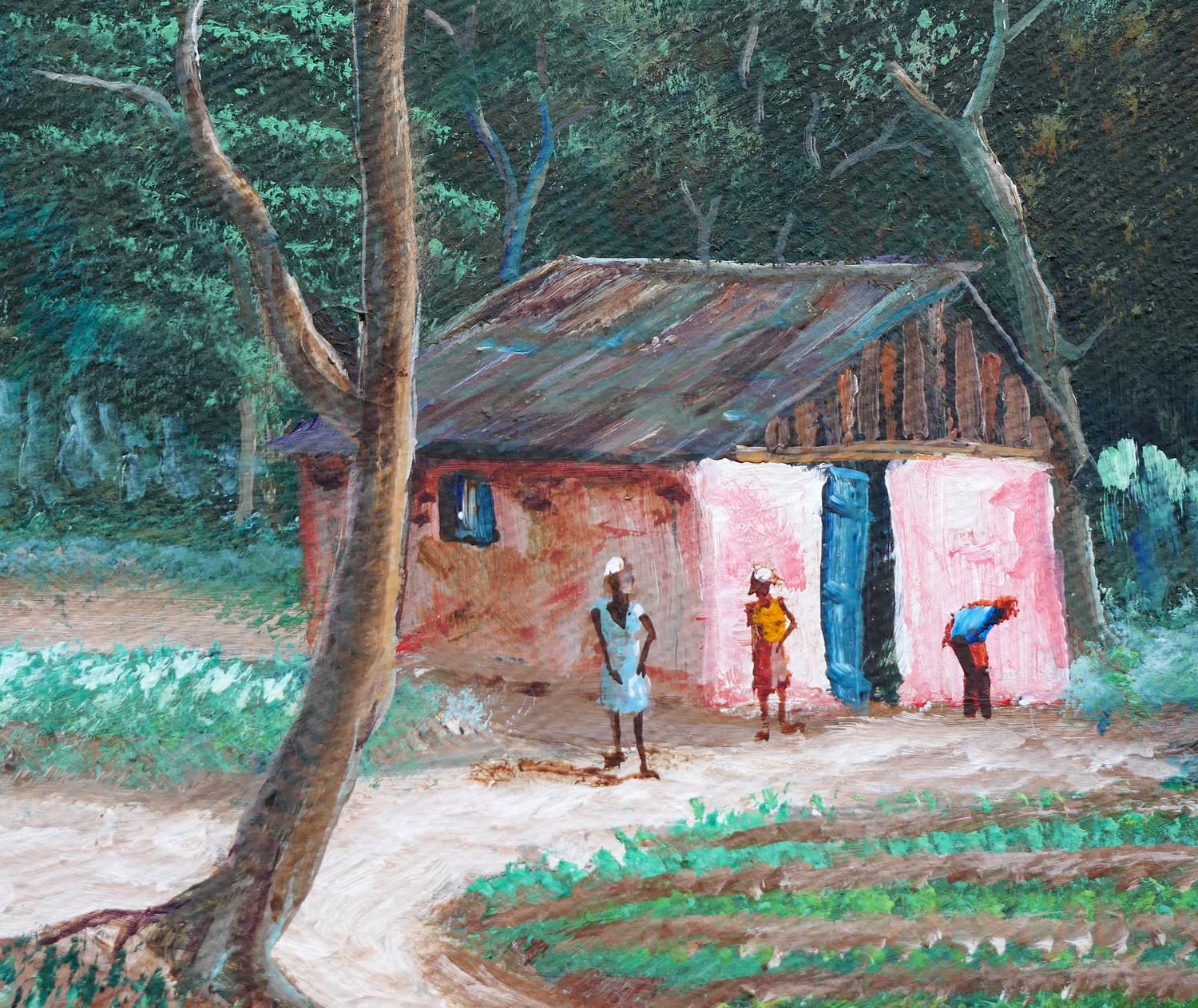 Modern Green & Brown Rural Village Landscape Painting with Playing Children For Sale 5