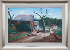 Vintage Modern Green & Brown Rural Village Landscape Painting with Playing Children