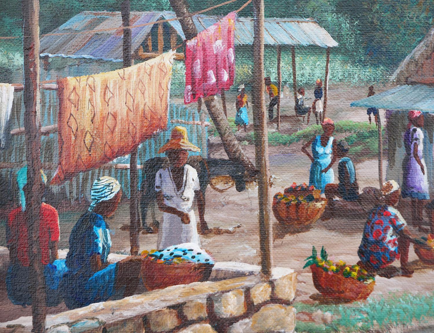 Peinture réaliste moderne de paysage de village rural aux tons verts et bleus en vente 6