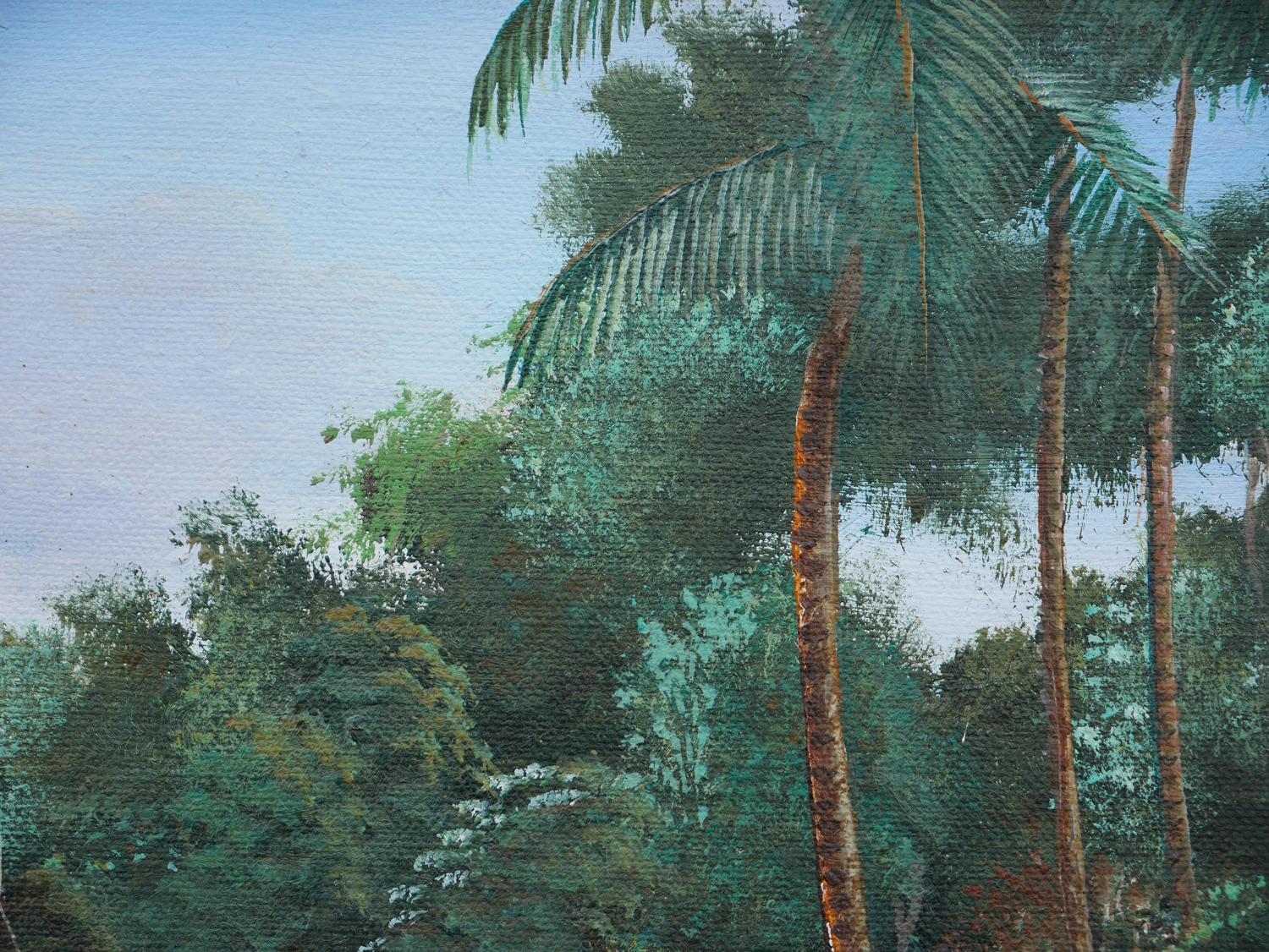 Peinture réaliste moderne de paysage de village rural aux tons verts et bleus en vente 7