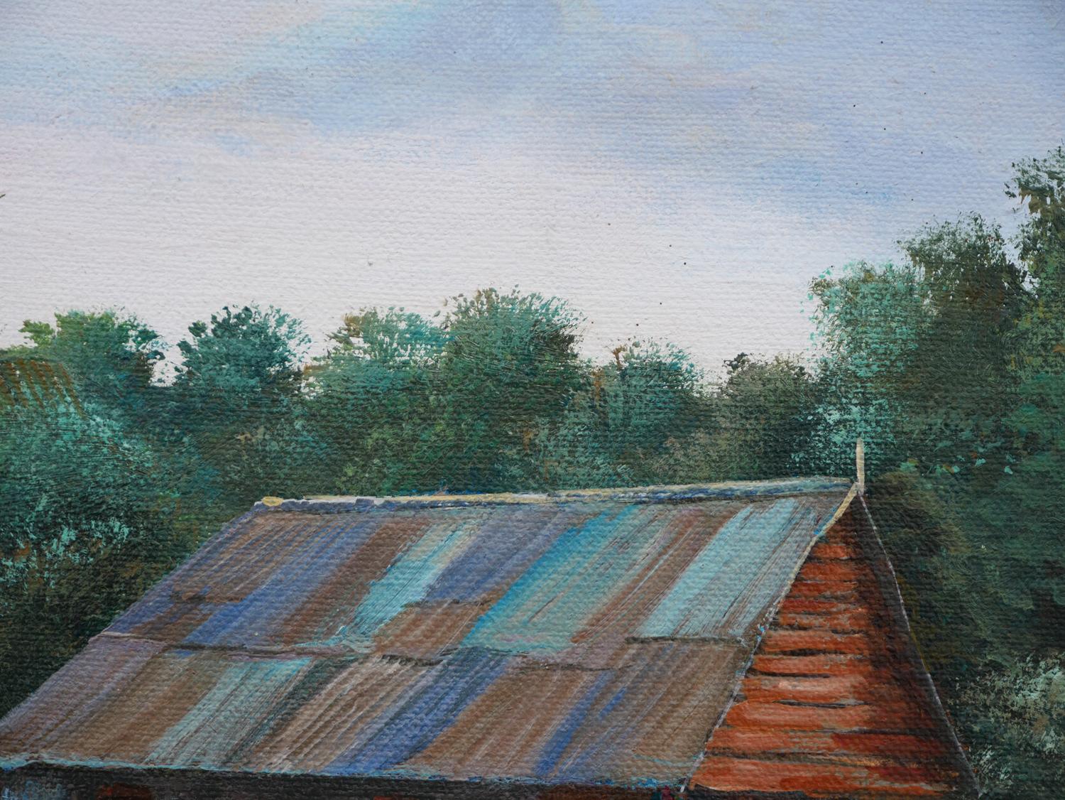 Peinture réaliste moderne de paysage de village rural aux tons verts et bleus en vente 8