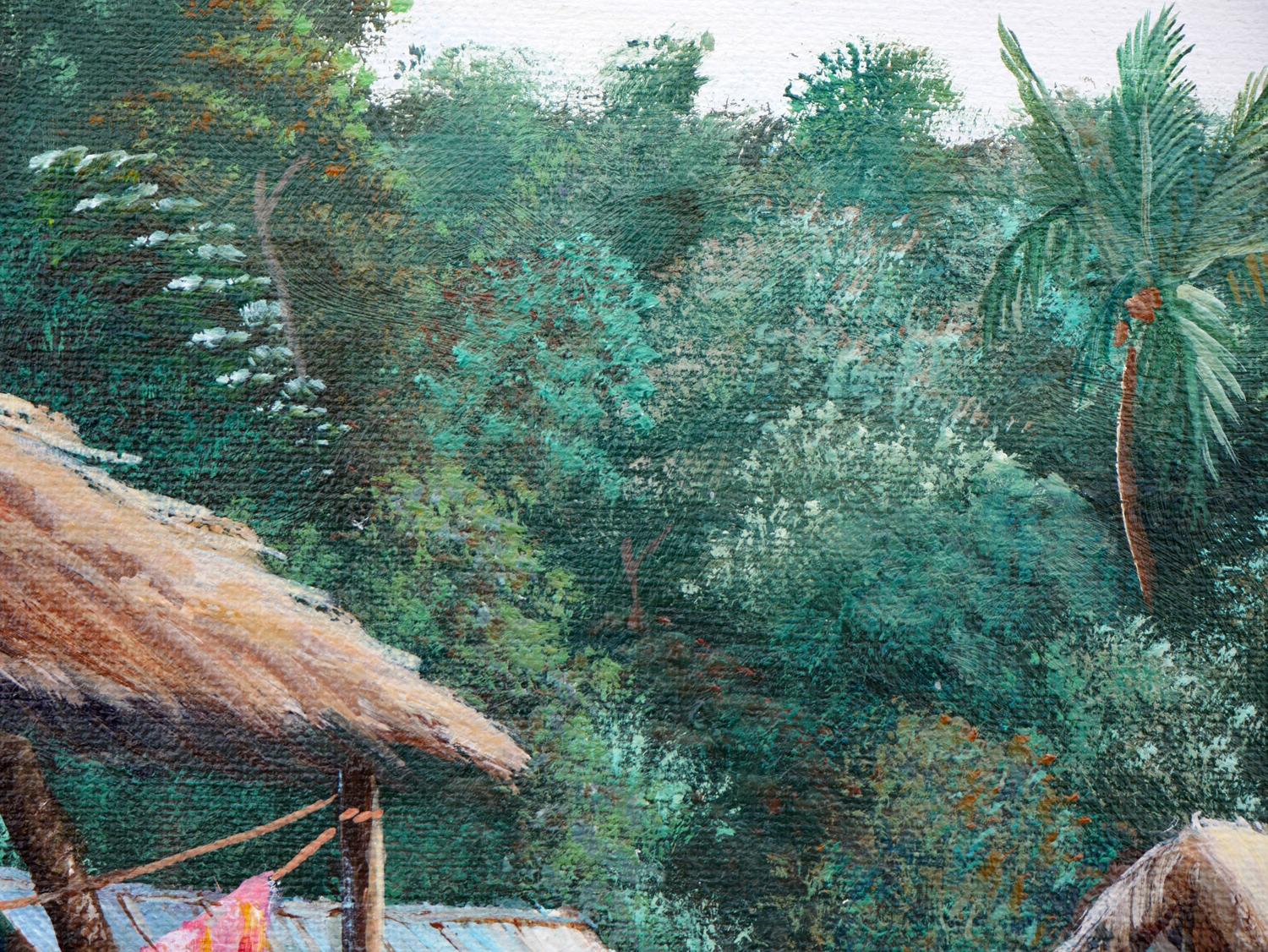 Peinture réaliste moderne de paysage de village rural aux tons verts et bleus en vente 9