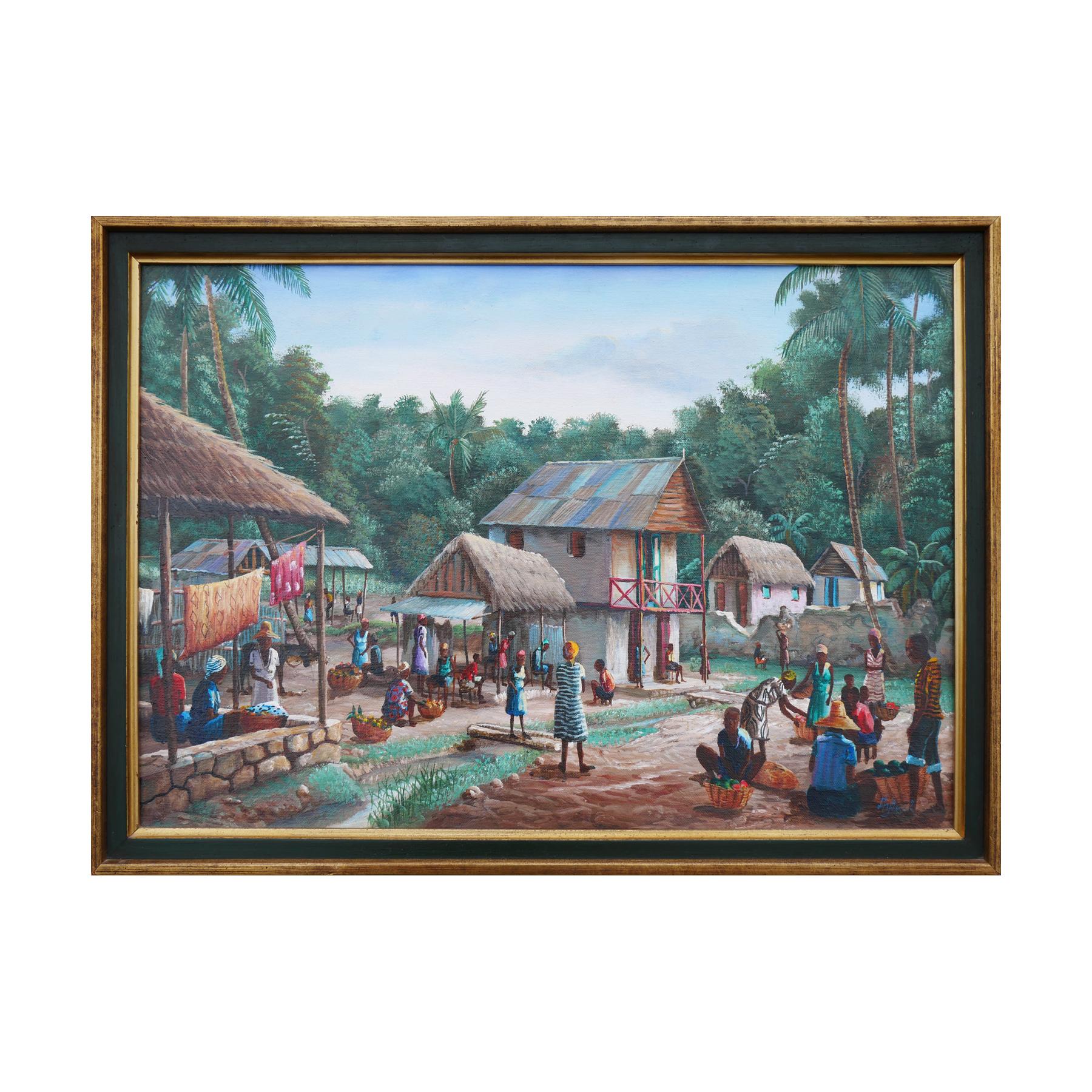 Peinture réaliste moderne de paysage de village rural aux tons verts et bleus - Painting de Jean-Felix Defournoy
