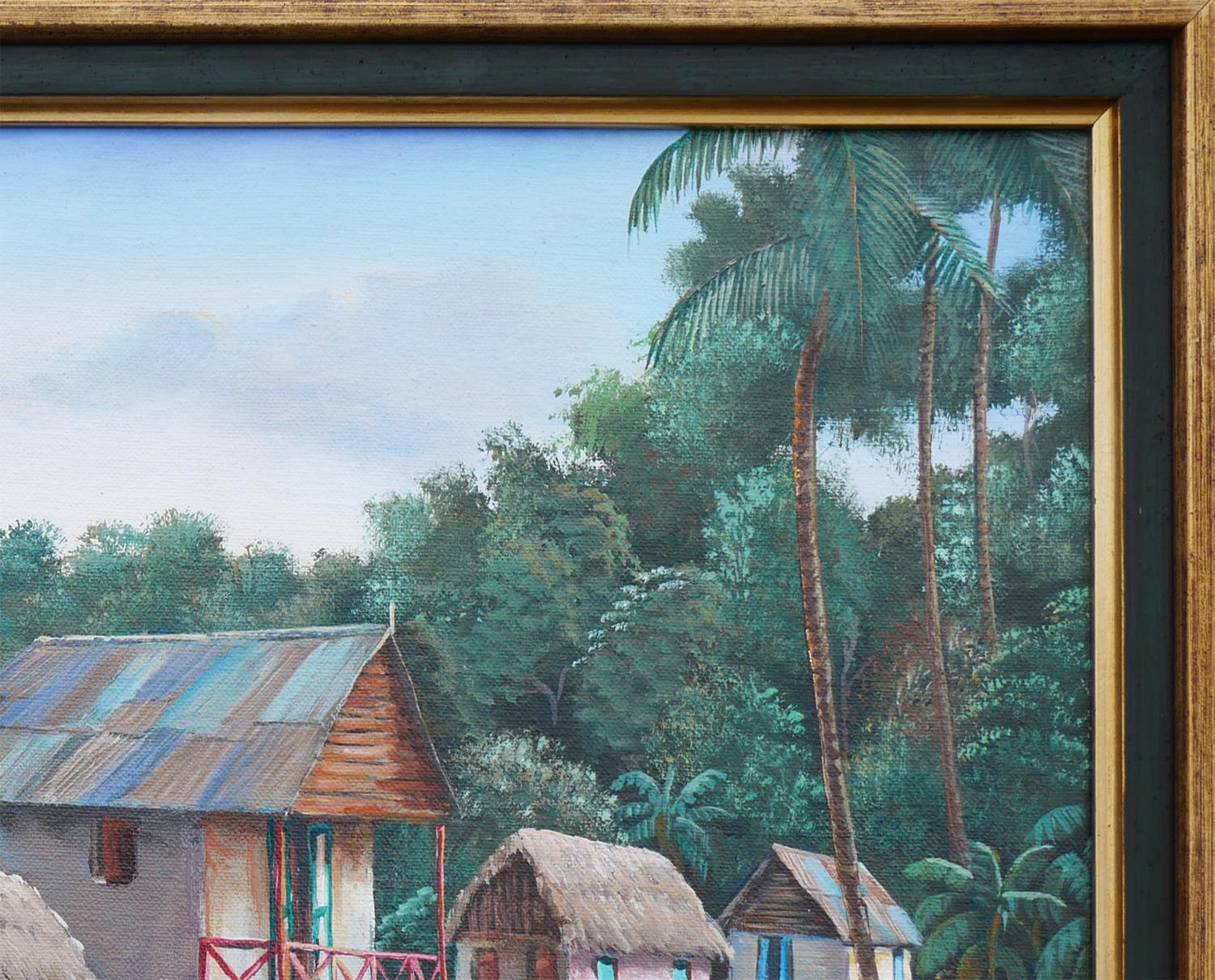 Peinture réaliste moderne de paysage de la vie quotidienne par l'artiste haïtien Felix Defournoy. L'œuvre représente un marché rural animé où des vendeurs proposent leurs produits dans un paysage tropical dense et luxuriant. Signé par l'artiste dans