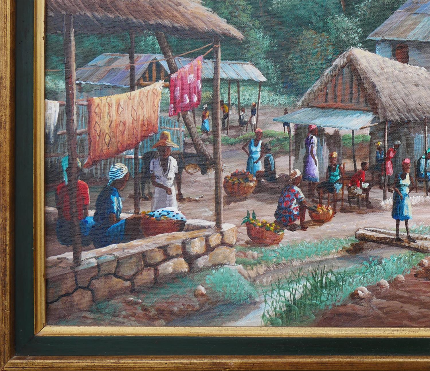 Modern Realist Green and Blue-Toned Rural Village Market Landscape Painting For Sale 2