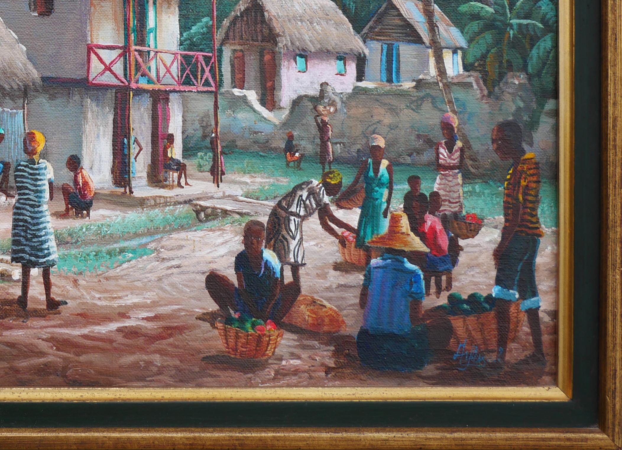Peinture réaliste moderne de paysage de village rural aux tons verts et bleus en vente 2
