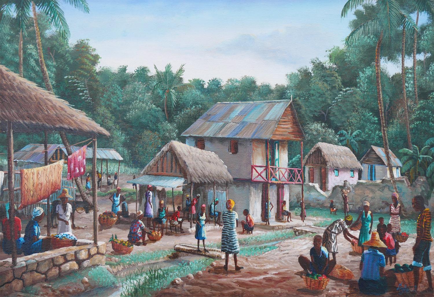 Peinture réaliste moderne de paysage de village rural aux tons verts et bleus en vente 3