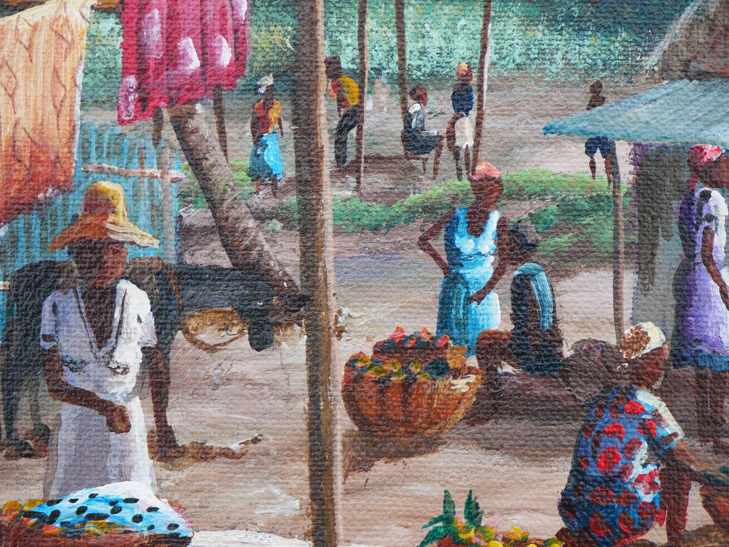 Peinture réaliste moderne de paysage de village rural aux tons verts et bleus en vente 4