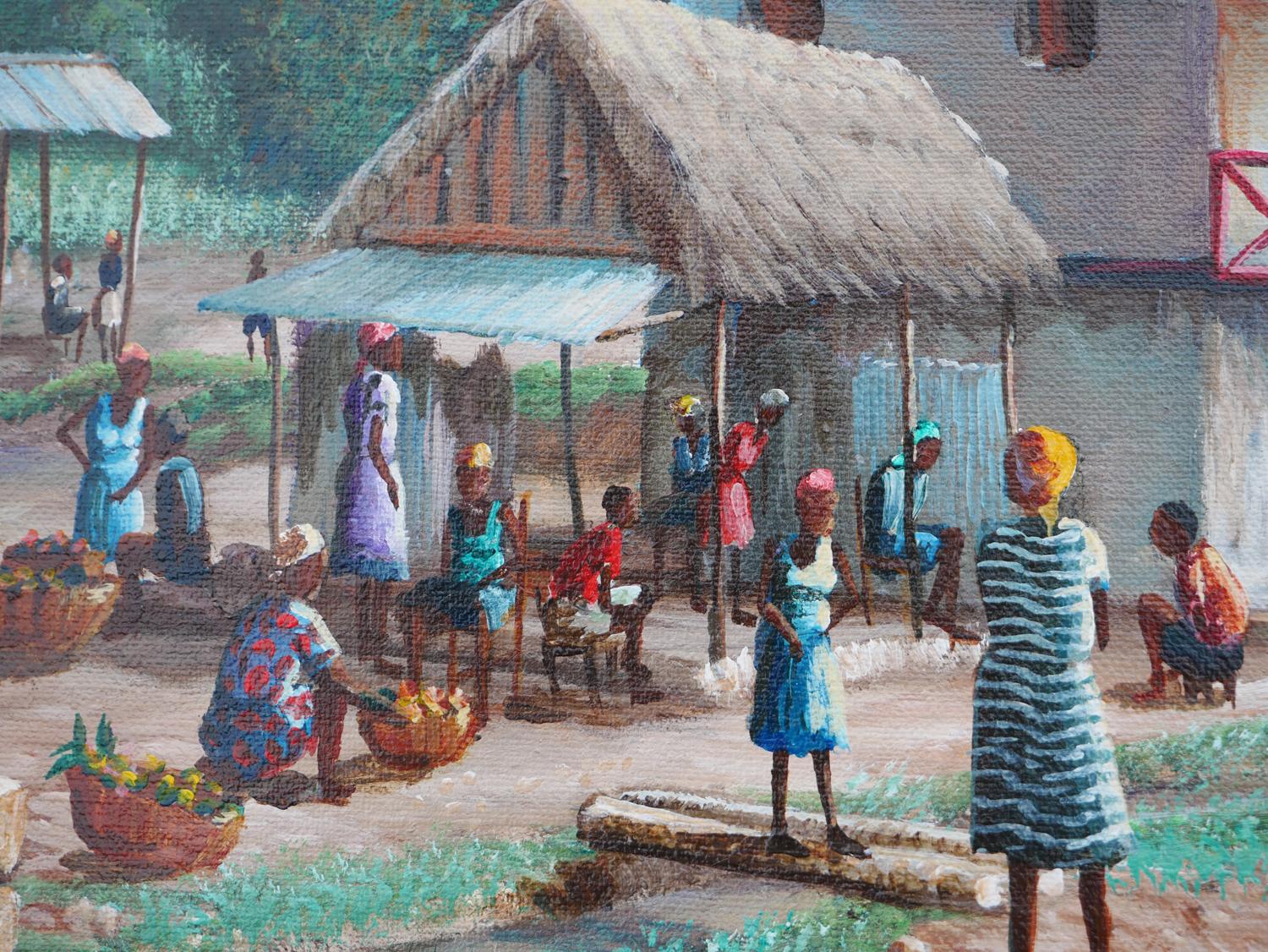 Peinture réaliste moderne de paysage de village rural aux tons verts et bleus en vente 5