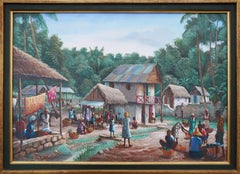 Modern Realist Green and Blue-Toned Rural Village Market Landscape Painting