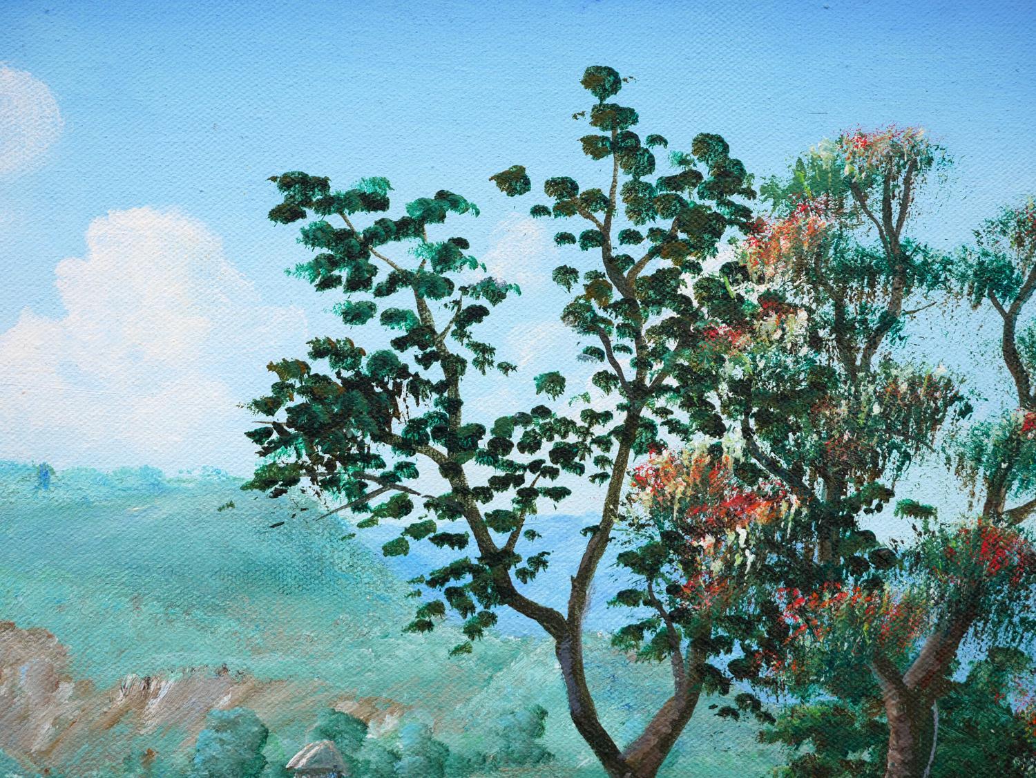 Pintura realista moderna en tonos verdes y marrones de un paisaje rural con figuras en venta 6