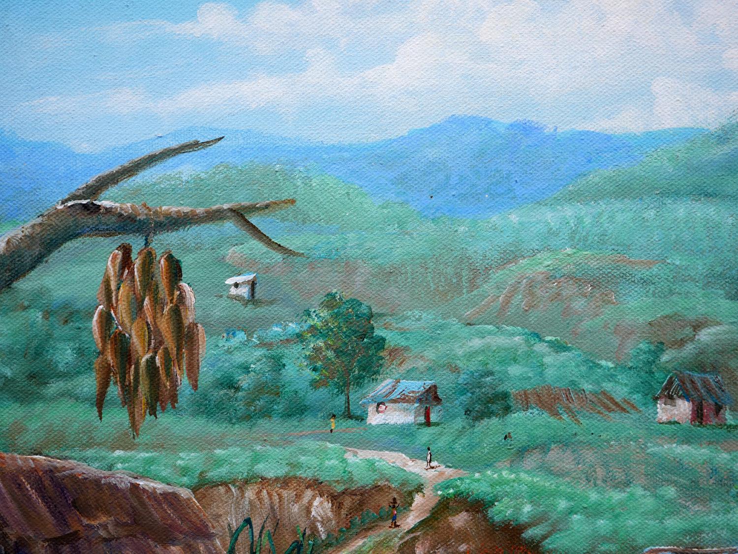 Pintura realista moderna en tonos verdes y marrones de un paisaje rural con figuras en venta 7