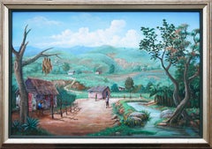 Vintage Modern Realist Green & Brown Toned Rural Village Landscape Painting w/ Figures