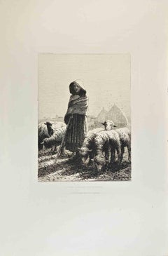 Femme Gardant des Moutons - Acquaforte di Jean-Ferdinand Chaigneau - Anni '70 del XIX secolo